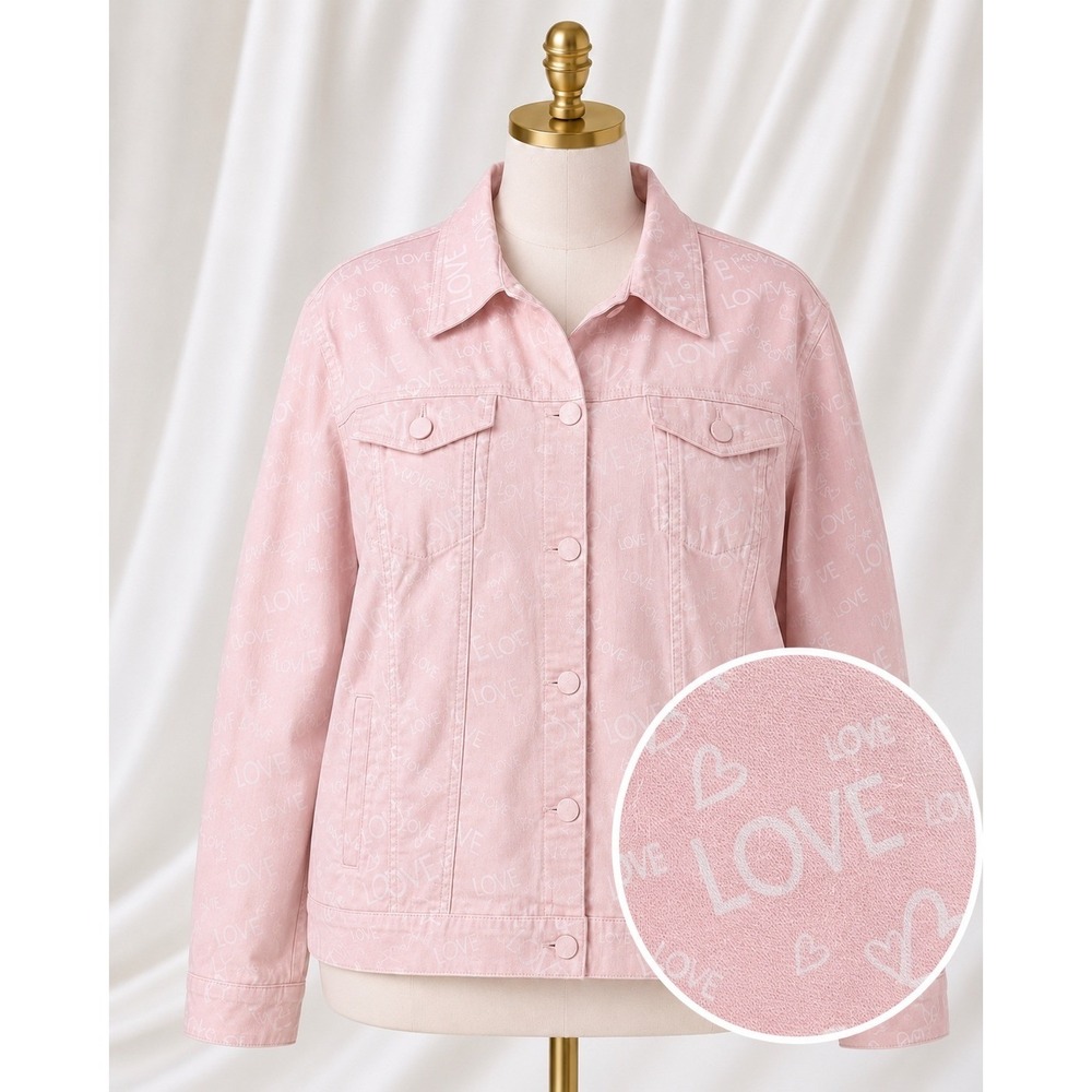 Belle by Kim Gravel Love Is In The Air Printed Denim Jacket Pink Novelty 3X